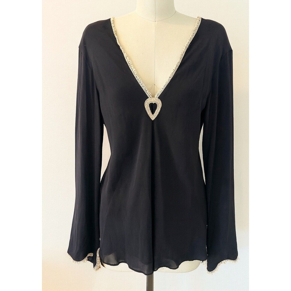 Studio M black sheer long sleeve heart v-neck silk blouse Y2K Whimsigoth Size XL